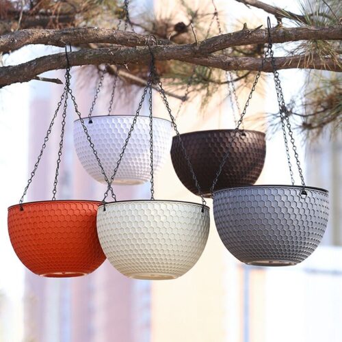 Red Medium Hanging Resin Flower Pot Self Watering Basket Planter Outdoor Garden Decor - Image 6