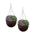 2x Coffee Small Hanging Resin Flower Pot Self Watering Basket Planter Outdoor Garden Decor