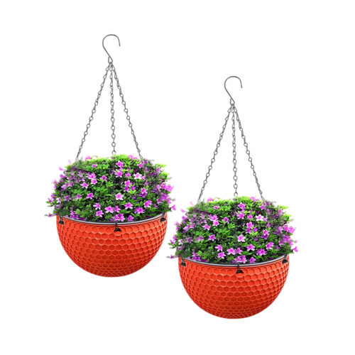 2x Red Small Hanging Resin Flower Pot Self Watering Basket Planter Outdoor Garden Decor