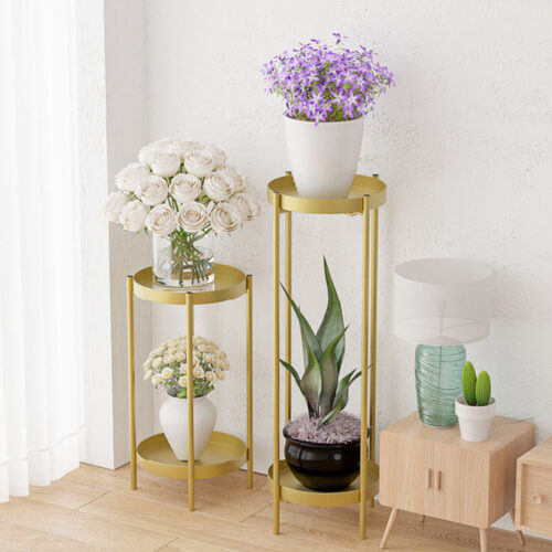 2 Layer 50cm Gold Metal Plant Stand Flower Pot Holder Corner Shelf Rack Display - Image 4