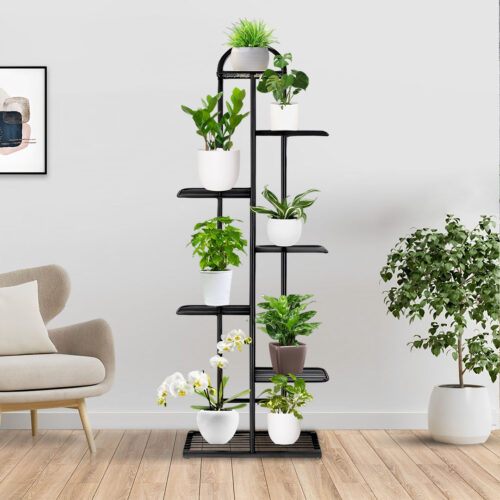 7 Tier 8 Pots Black Metal Plant Stand Flowerpot Display Shelf Rack Indoor Decor