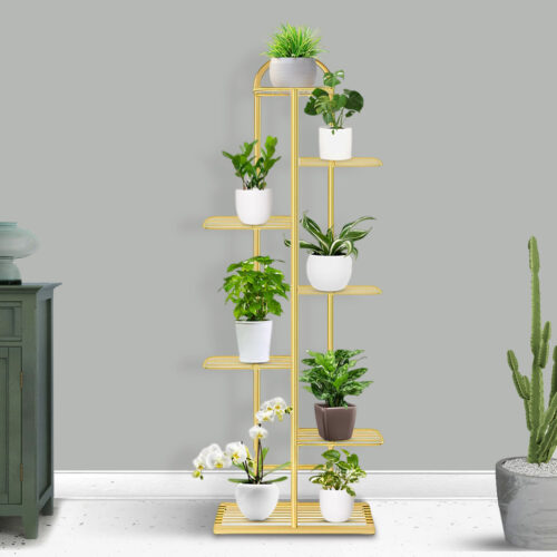 7 Tier 8 Pots Gold Metal Plant Stand Flowerpot Display Shelf Rack Indoor Decor - Image 3