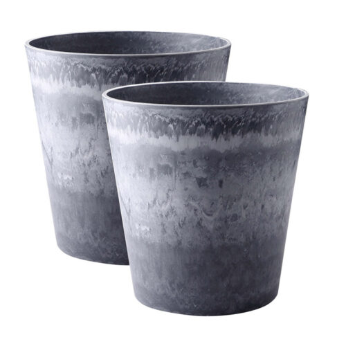 2x 27cm Weathered Grey Round Resin Plant Flower Pot in Cement Pattern Planter Cachepot