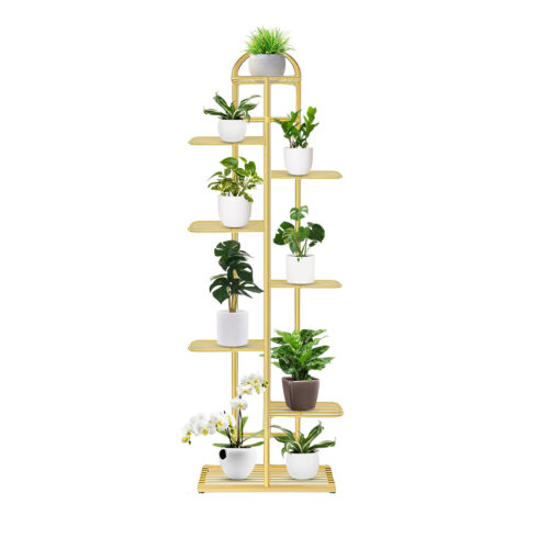 8 Tier 9 Pots Gold Metal Plant Stand Flowerpot Display Shelf Rack Indoor Decor