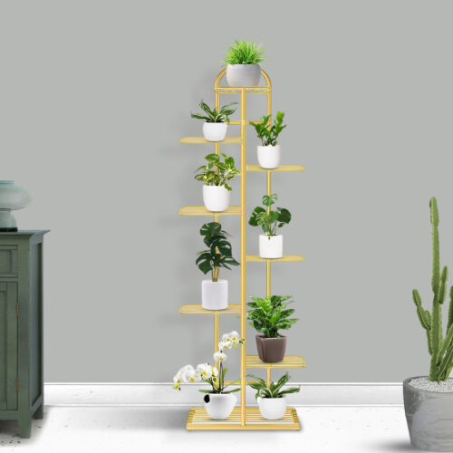 8 Tier 9 Pots Gold Metal Plant Stand Flowerpot Display Shelf Rack Indoor Decor - Image 3
