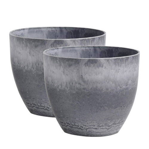 2x 27cm Weathered Grey Round Resin Plant Flower Pot in Cement Pattern Planter Cachepot