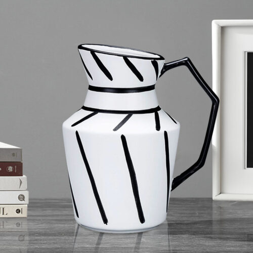 2x 23.5x19.5cm Ornament Modern Ceramic Decorative Pitcher Striped Vase with Handle with Geometric - Image 2