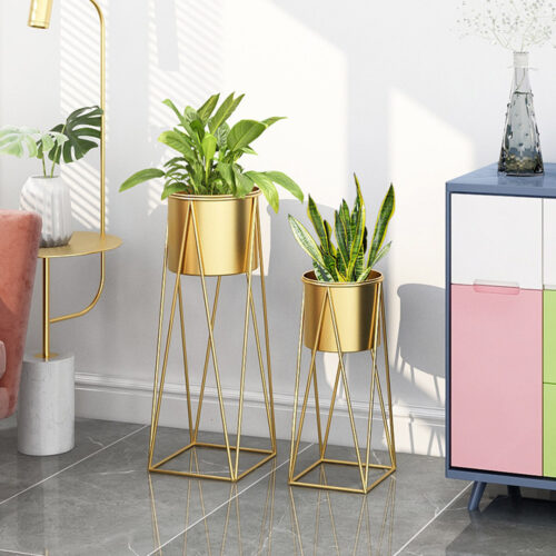 2x 50cm Gold Metal Plant Stand with Gold Flower Pot Holder Corner Shelf Rack Display - Image 5