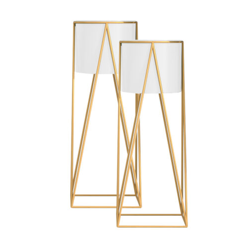 2x 50cm Gold Metal Plant Stand with White Flower Pot Holder Corner Shelf Rack Display