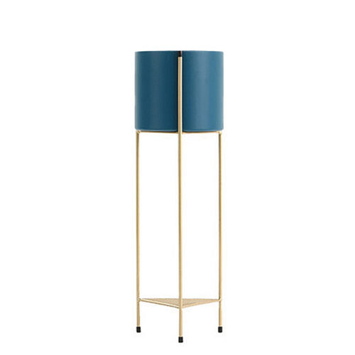 2 Layer 65cm Gold Metal Plant Stand with Blue Flower Pot Holder Corner Shelf Rack Display