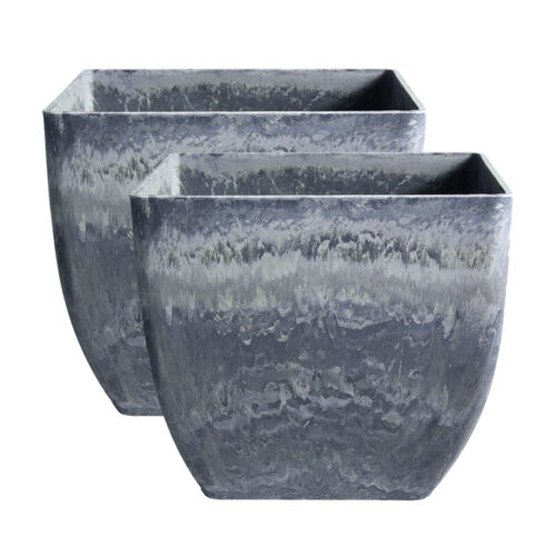 2x 32cm Weathered Grey Square Resin Plant Flower Pot in Cement Pattern Planter Cachepot