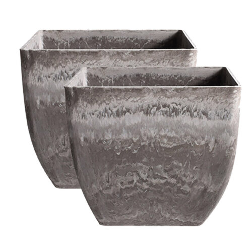 2x 32cm Rock Grey Square Resin Plant Flower Pot in Cement Pattern Planter Cachepot