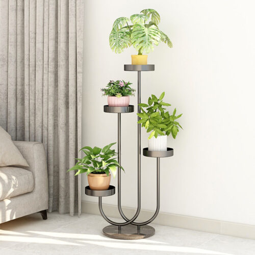 U Shaped Plant Stand Round Flower Pot Tray Display Black Metal Decorative Shelf - Image 3