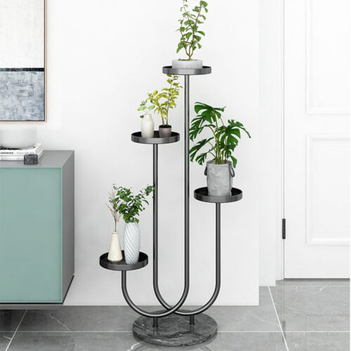 U Shaped Plant Stand Round Flower Pot Tray Display Black Metal Decorative Shelf