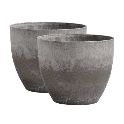 2x 32cm Rock Grey Round Resin Plant Flower Pot in Cement Pattern Planter Cachepot