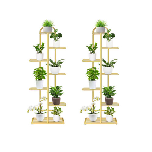 2x 7 Tier 8 Pots Gold Metal Plant Stand Flowerpot Display Shelf Rack Indoor Decor