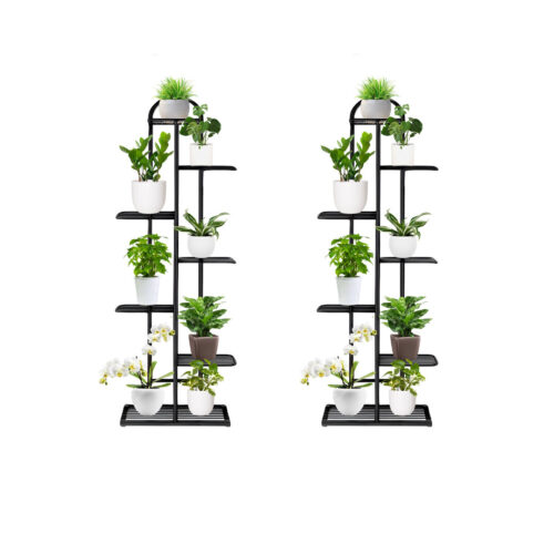 2x 7 Tier 8 Pots Black Metal Plant Stand Flowerpot Display Shelf Rack Indoor Decor