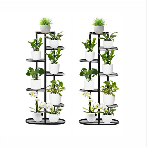 2x 7 Tier 8 Pots Black Metal Plant Rack Flowerpot Storage Display Stand Holder Decor - Image 2
