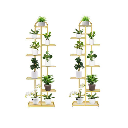 2x 8 Tier 9 Pots Gold Metal Plant Stand Flowerpot Display Shelf Rack Indoor Decor