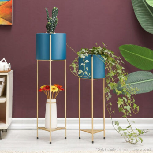 2x 2 Layer 65cm Gold Metal Plant Stand with Blue Flower Pot Holder Corner Shelf Rack Display - Image 4