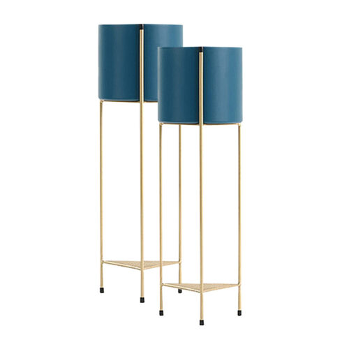 2x 2 Layer 81cm Gold Metal Plant Stand with Blue Flower Pot Holder Corner Shelf Rack Display