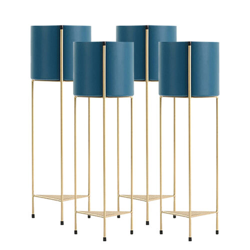 4x 2 Layer 65cm Gold Metal Plant Stand with Blue Flower Pot Holder Corner Shelf Rack Display