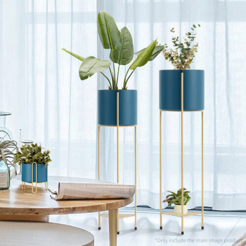 4x 2 Layer 65cm Gold Metal Plant Stand with Blue Flower Pot Holder Corner Shelf Rack Display - Image 3