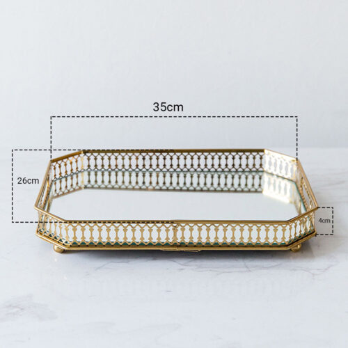 35cm Gold Rectangle Ornate Mirror Glass Metal Tray Vanity Makeup Perfume Jewelry Organiser with Handles - Image 2