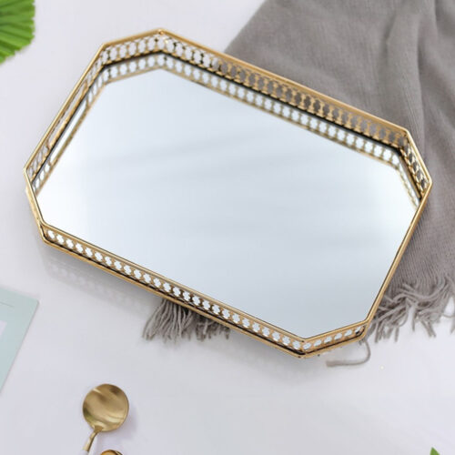 35cm Gold Rectangle Ornate Mirror Glass Metal Tray Vanity Makeup Perfume Jewelry Organiser with Handles - Image 4