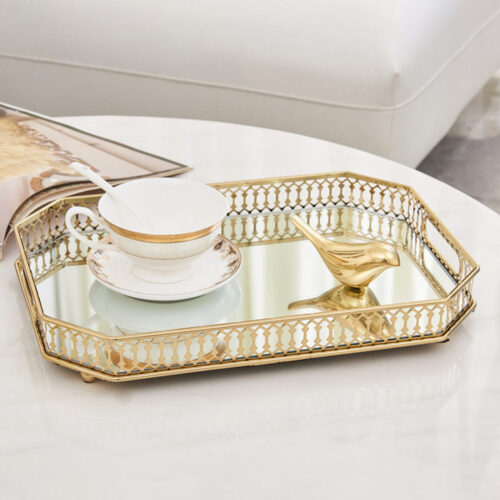 35cm Gold Rectangle Ornate Mirror Glass Metal Tray Vanity Makeup Perfume Jewelry Organiser with Handles - Image 5