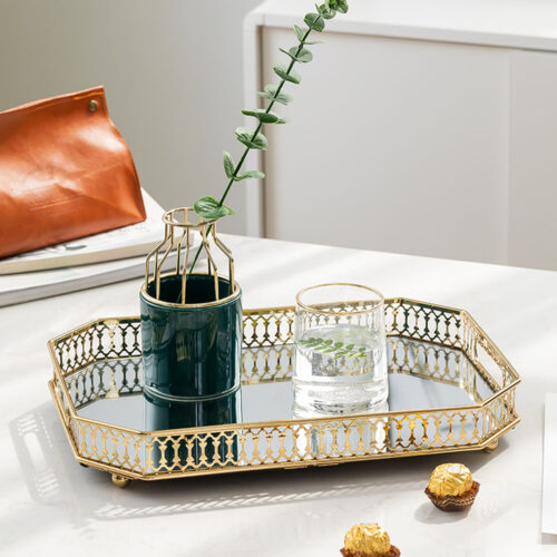 35cm Gold Rectangle Ornate Mirror Glass Metal Tray Vanity Makeup Perfume Jewelry Organiser with Handles - Image 7