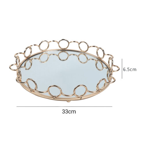 33cm Bronze-Colored Round Mirror Glass Metal Tray Vanity Makeup Perfume Jewelry Organiser with Handles - Image 2