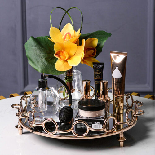 33cm Bronze-Colored Round Mirror Glass Metal Tray Vanity Makeup Perfume Jewelry Organiser with Handles - Image 4