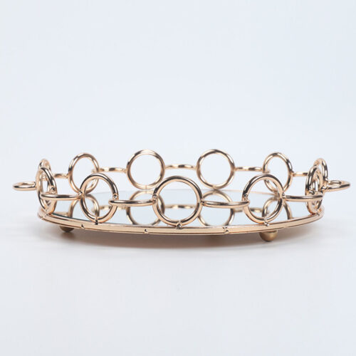 33cm Bronze-Colored Round Mirror Glass Metal Tray Vanity Makeup Perfume Jewelry Organiser with Handles - Image 5
