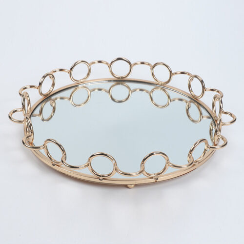 33cm Bronze-Colored Round Mirror Glass Metal Tray Vanity Makeup Perfume Jewelry Organiser with Handles - Image 6