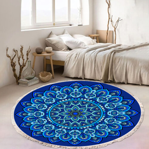 90cm Blue Mandala Round Carpet for Living Room Bedroom Anti-slip Doormat Decor