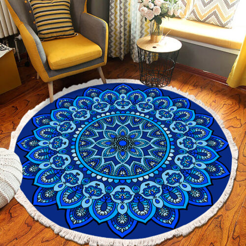 90cm Blue Mandala Round Carpet for Living Room Bedroom Anti-slip Doormat Decor - Image 4