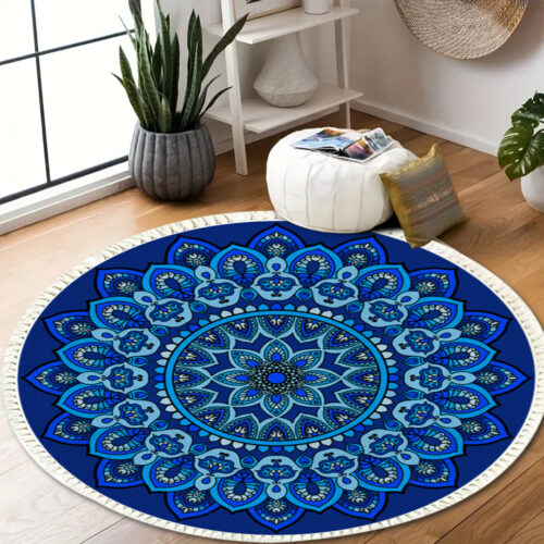 90cm Blue Mandala Round Carpet for Living Room Bedroom Anti-slip Doormat Decor - Image 5