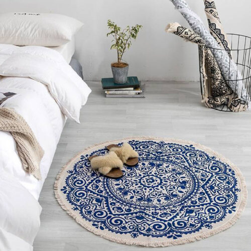 Blue Carpet Soft Linen Bohemian Non-Slip Floor Retro Minimalist Round Rug Decor with Tassels - Image 4