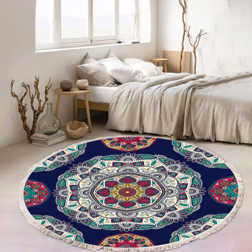 90cm Round Rug Bohemian Circle Area Rug with Bohemian Geometric Pattern Anti-slip Doormat Decor - Image 2
