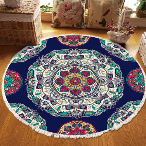 90cm Round Rug Bohemian Circle Area Rug with Bohemian Geometric Pattern Anti-slip Doormat Decor - Image 3