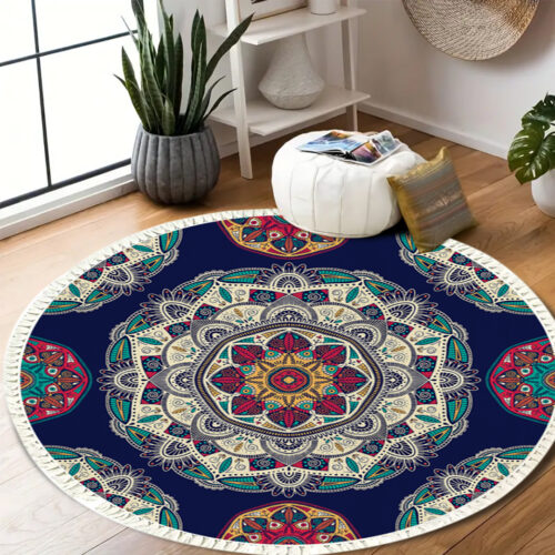 90cm Round Rug Bohemian Circle Area Rug with Bohemian Geometric Pattern Anti-slip Doormat Decor - Image 6