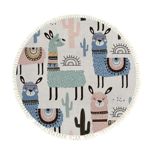 120cm Alpaca Cactus Pattern Rug Desert Animals Non-Slip Round Area Rugs