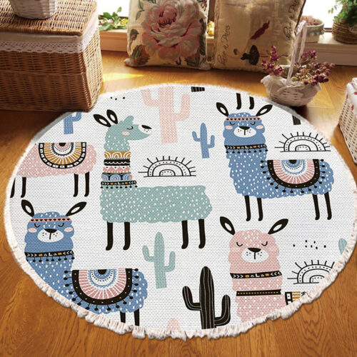 120cm Alpaca Cactus Pattern Rug Desert Animals Non-Slip Round Area Rugs - Image 2