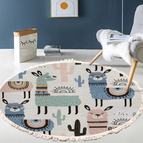 120cm Alpaca Cactus Pattern Rug Desert Animals Non-Slip Round Area Rugs - Image 3