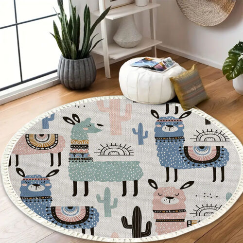 120cm Alpaca Cactus Pattern Rug Desert Animals Non-Slip Round Area Rugs - Image 5