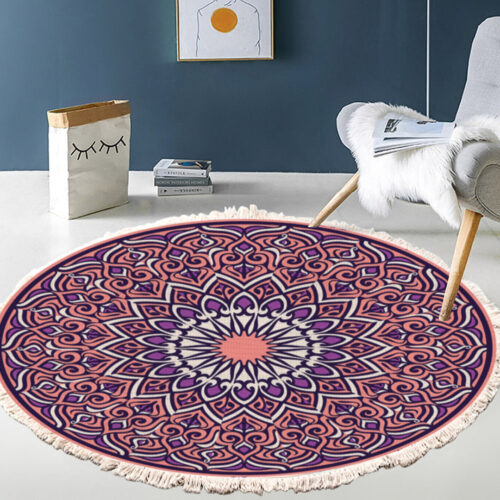 2x 90cm Purple Mandala Round Carpet for Living Room Bedroom Anti-slip Doormat Decor - Image 2