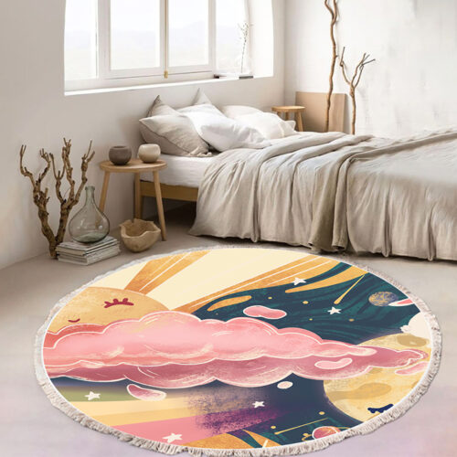 2x 120cm Round Tassels Carpet Sky Landscape Clouds Boho Circle Area Rugs Decor - Image 3