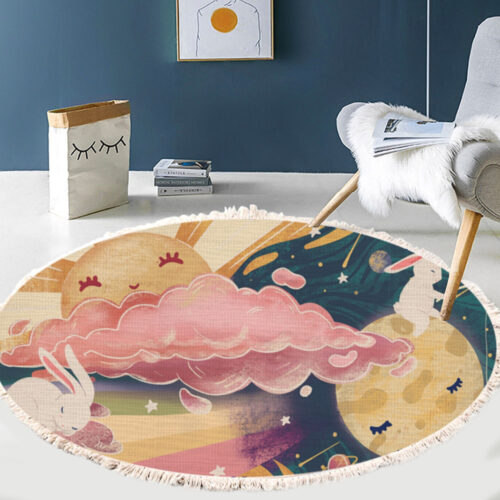 2x 120cm Round Tassels Carpet Sky Landscape Clouds Boho Circle Area Rugs Decor - Image 4