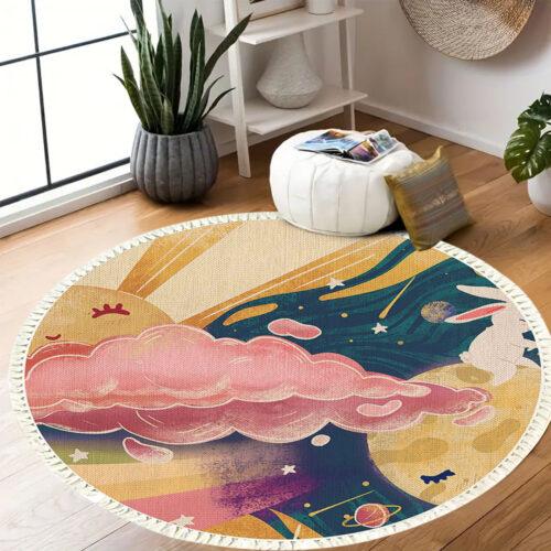 2x 120cm Round Tassels Carpet Sky Landscape Clouds Boho Circle Area Rugs Decor - Image 6